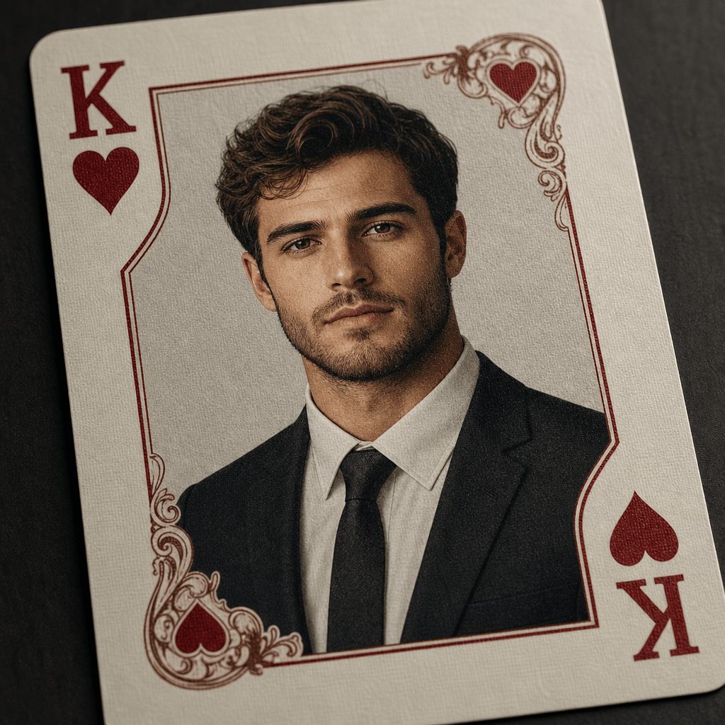 Close-up of a custom playing card with person portrait, hearts suit elements, realistic card texture, professional light