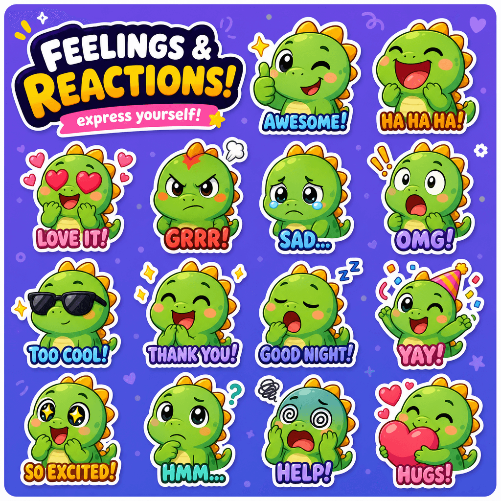 Sticker pack featuring different emotions and reactions, colorful variations, playful animations, entertainment focus
