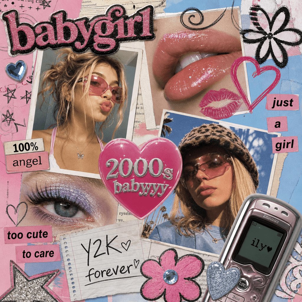 Y2K collage close-up: layered vintage photos, hand-drawn decorative elements, hot pink hearts, retro typography, soft sh