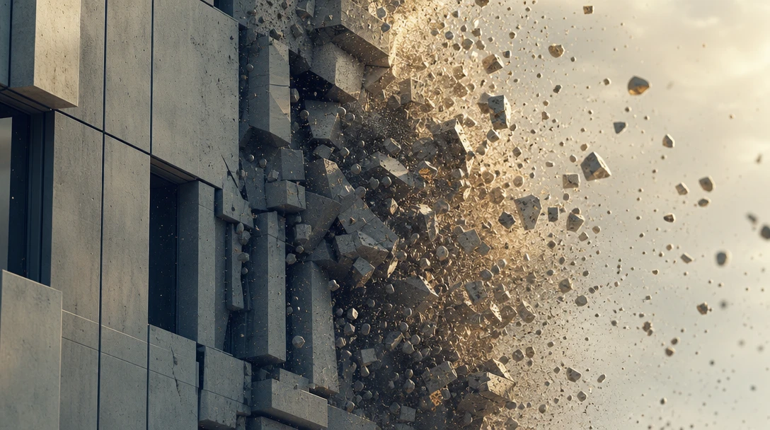 Close-up of building facade breaking apart, geometric precision, particles flowing outward, cinematic motion.
