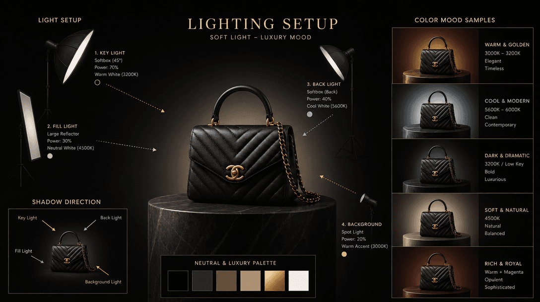 Lighting setup visualization: soft light indicators, shadow directions, and color mood samples surrounding a central lux
