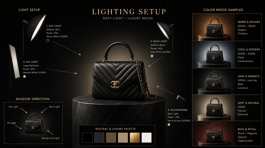 Lighting setup visualization: soft light indicators, shadow directions, and color mood samples surrounding a central lux