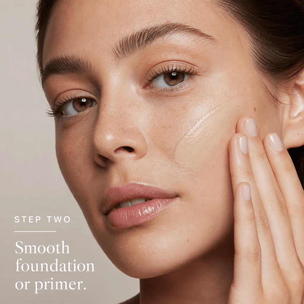 Makeup foundation or primer being smoothed on face, beauty routine step two. Professional makeup photography, soft diffu