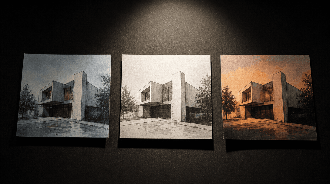 Three small printed architectural sketch thumbnails of identical building massing laid flat on a matte black surface sid