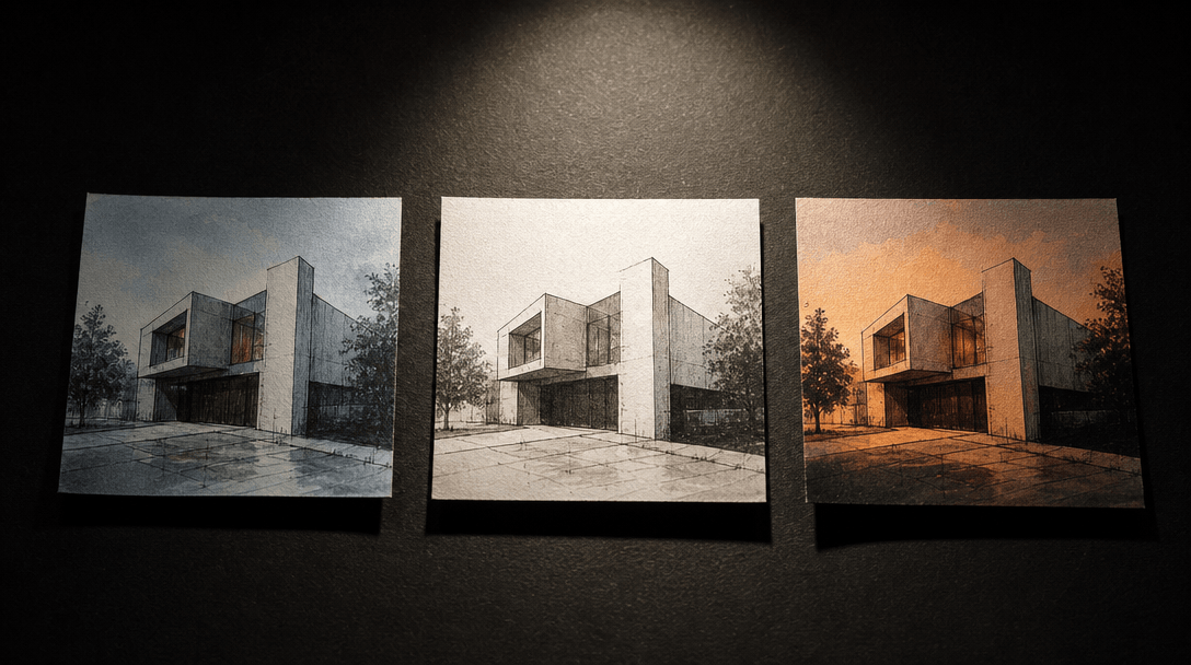 Three small printed architectural sketch thumbnails of identical building massing laid flat on a matte black surface sid