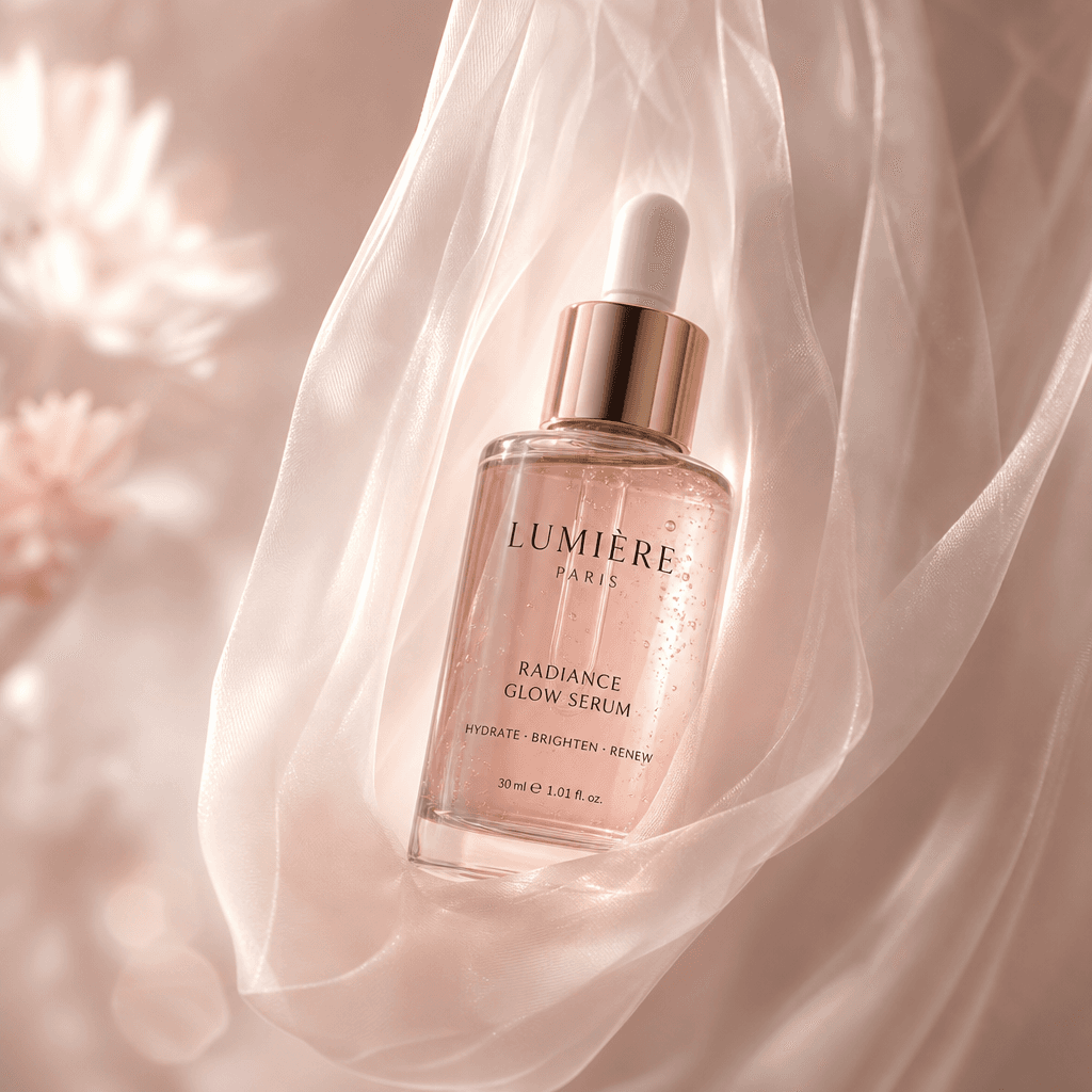 Visualize a beauty serum bottle elegantly suspended in a translucent veil, with soft lighting enhancing its features and