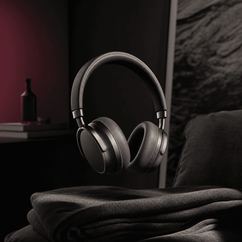 Minimal designer headphones suspended above folded charcoal fabric in a quiet apartment listening corner, ear cup materi