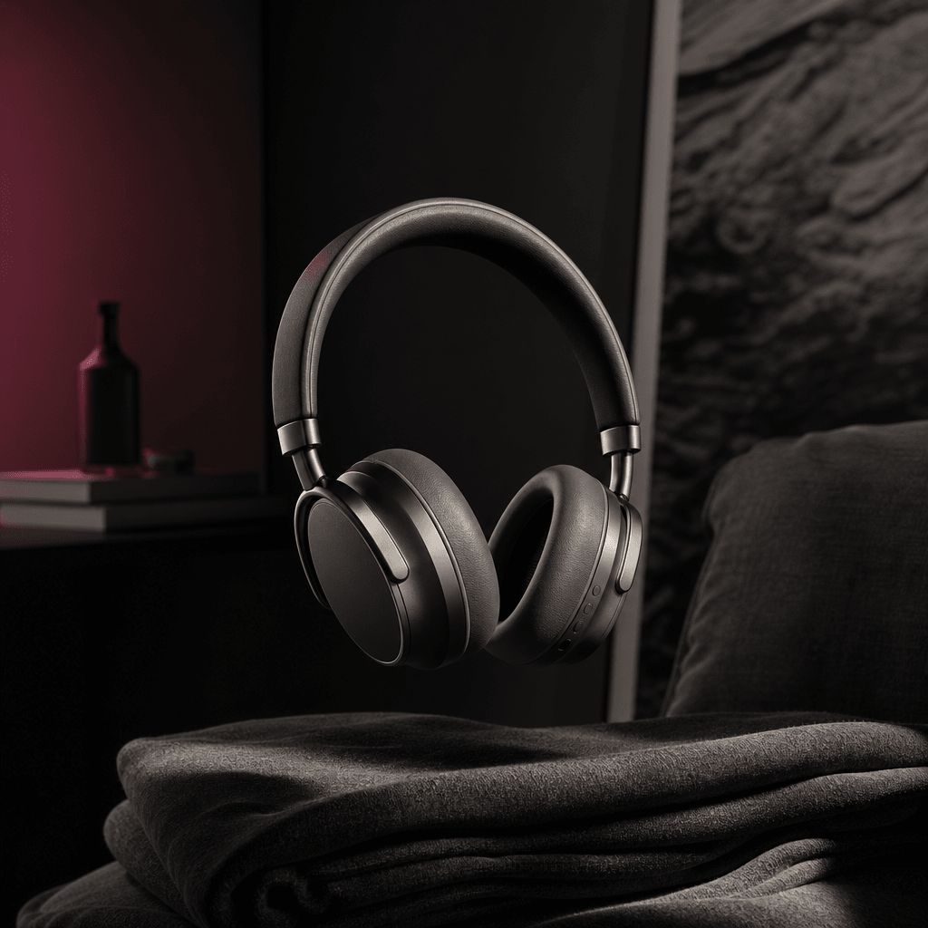 Minimal designer headphones suspended above folded charcoal fabric in a quiet apartment listening corner, ear cup materi