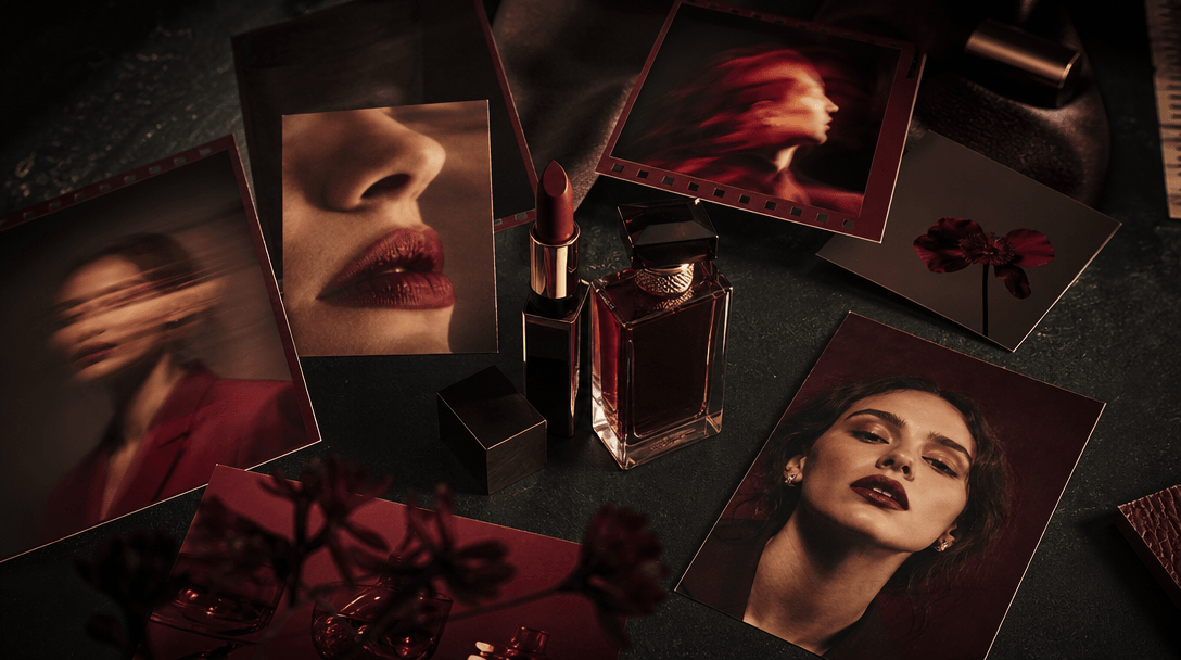 Wide editorial arrangement of coordinated beauty campaign assets represented as physical photographs around a central li