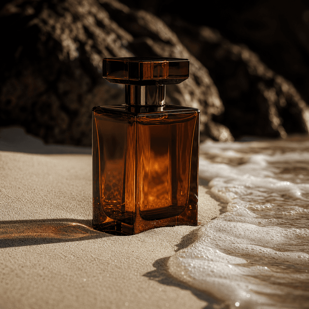 Dark amber glass perfume bottle standing in fine white sand, translucent sea foam reaching toward its base. Dramatic low