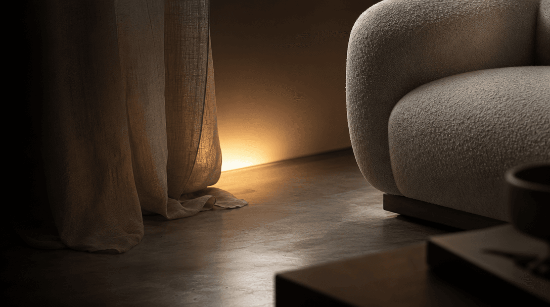 High-contrast editorial interior detail study: polished concrete floor, trailing linen curtain, corner of a boucle sofa,