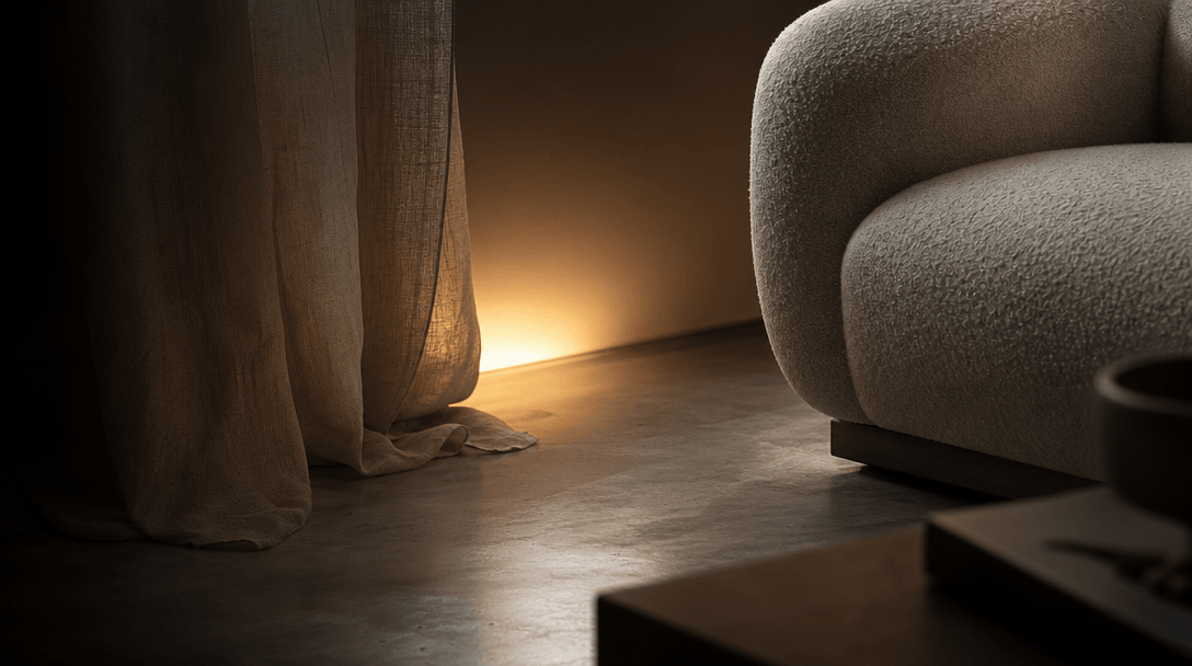 High-contrast editorial interior detail study: polished concrete floor, trailing linen curtain, corner of a boucle sofa,