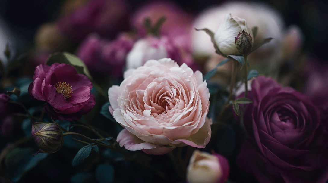 Soft bokeh background filled with pink, white, and cream flowers in shallow depth-of-field, jewel-tone color palette wit