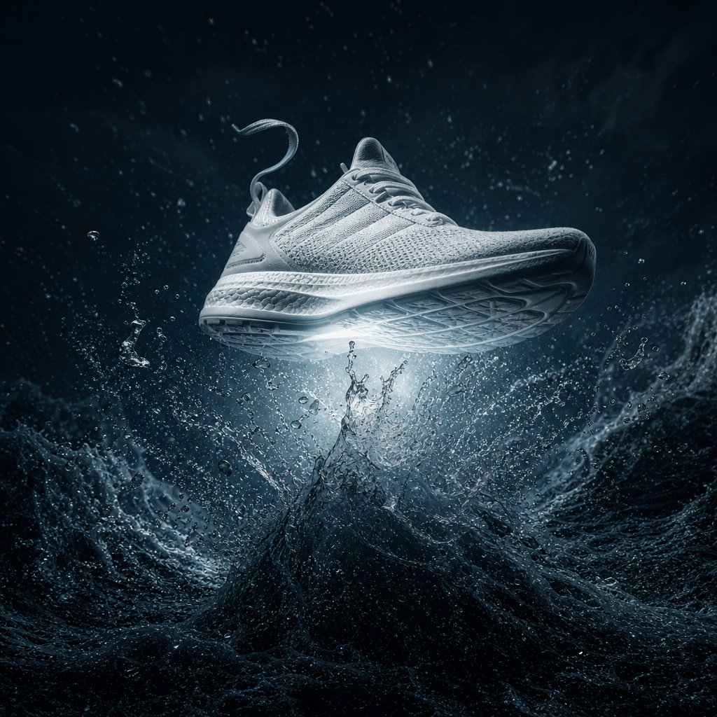 A white running sneaker hovering above a collapsing tidal wave, water frozen in cinematic slow motion, dark moody ocean