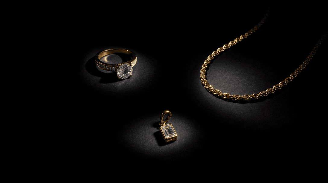 Multiple jewelry pieces — a ring, a chain, a small pendant — partially overlapping on deep matte black surface. Each pie