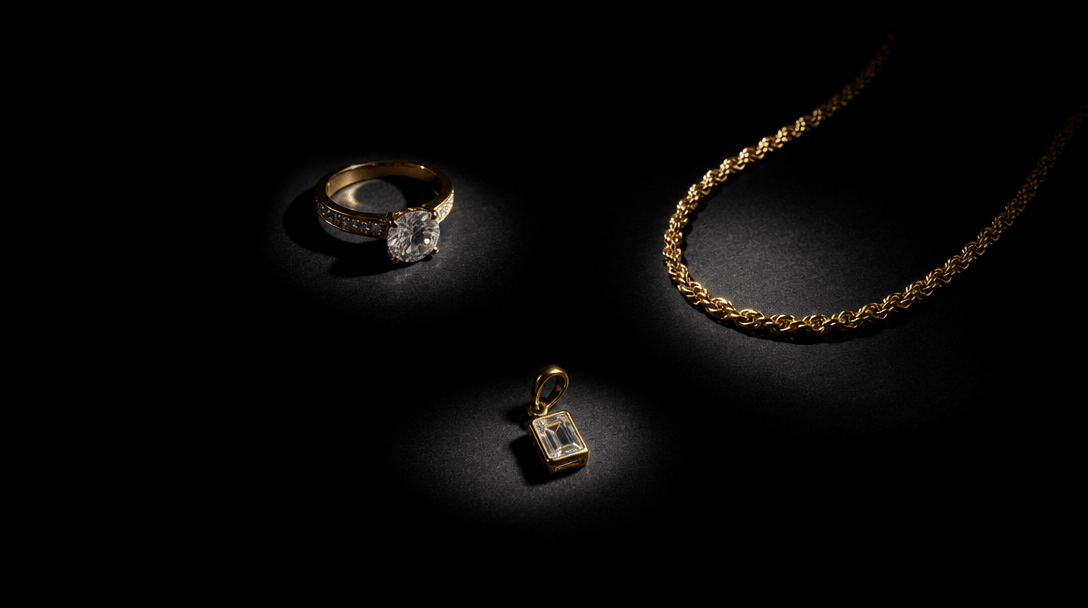 Multiple jewelry pieces — a ring, a chain, a small pendant — partially overlapping on deep matte black surface. Each pie
