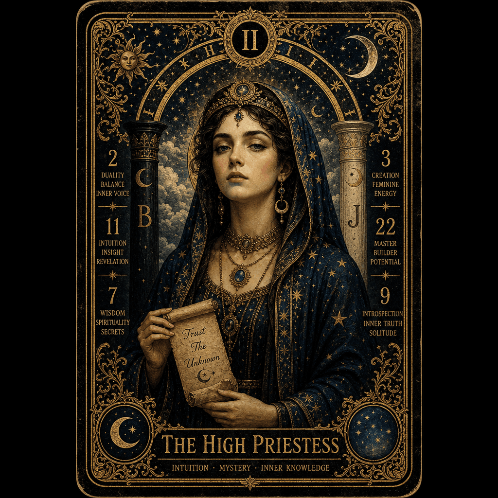Classical vintage tarot card with ornate gold border, portrait surrounded by mystical symbols and spiritual numerology,