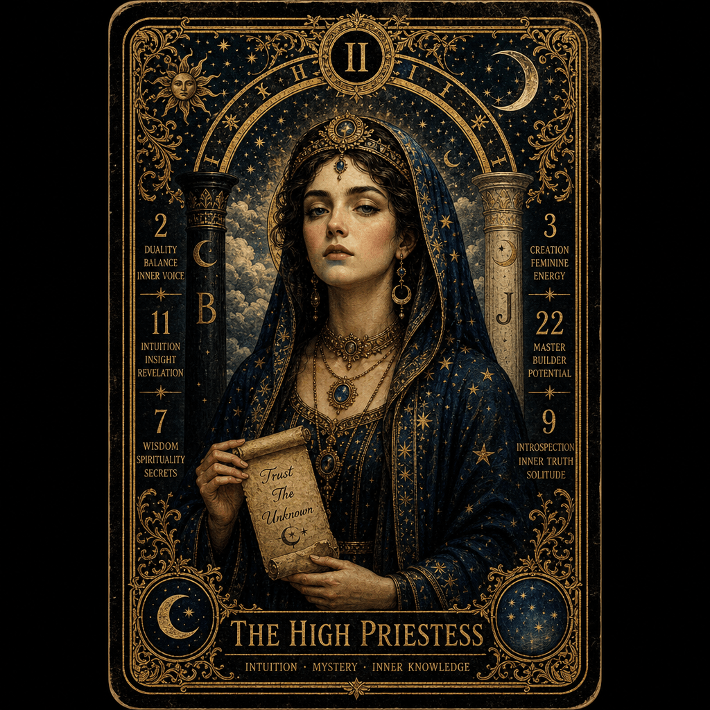 Classical vintage tarot card with ornate gold border, portrait surrounded by mystical symbols and spiritual numerology,