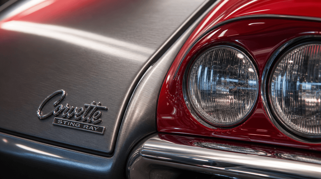 Cinematic macro photography of automotive textures: brushed metal, glossy paint, chrome reflection, detailed surface fin
