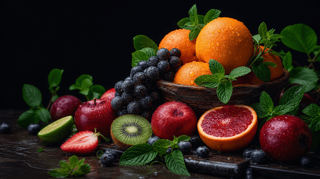 Natural organic environment scene. Dark background with scattered fresh fruit elements—texture details, water droplets,
