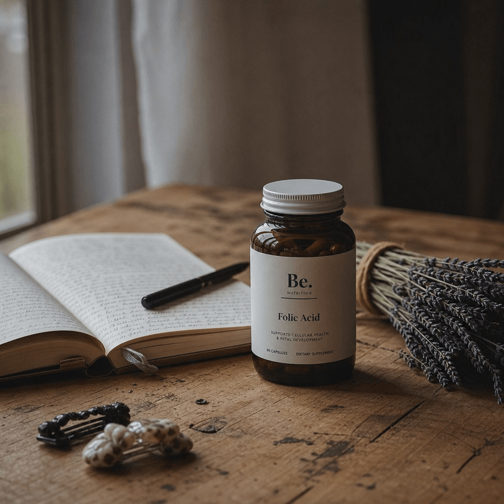 Vitamin bottle on a weathered wooden desk alongside an open journal and a small bundle of dried lavender, muted earth to