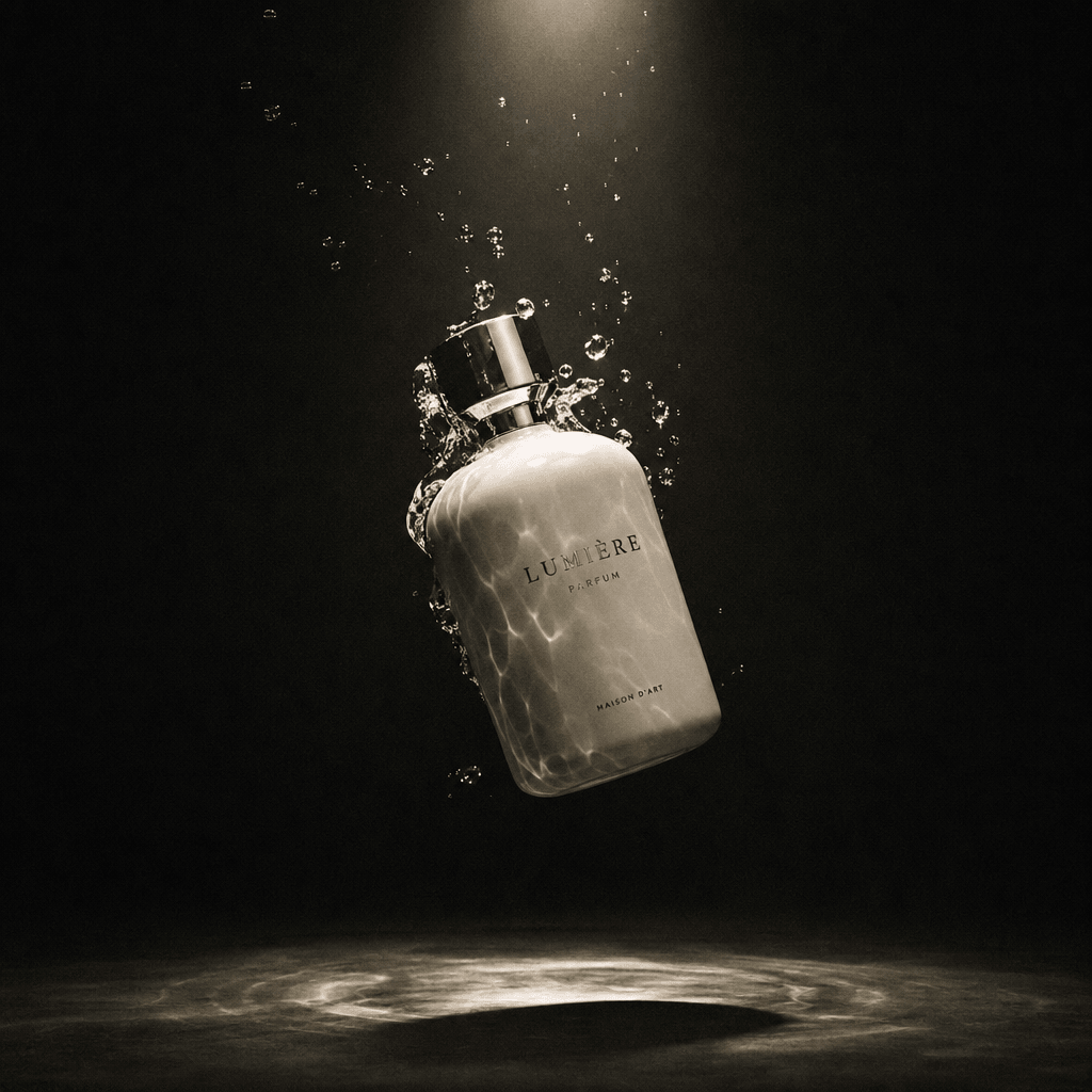 A premium ceramic perfume bottle caught at the peak of its throw, lit by a single overhead spotlight against a near-blac