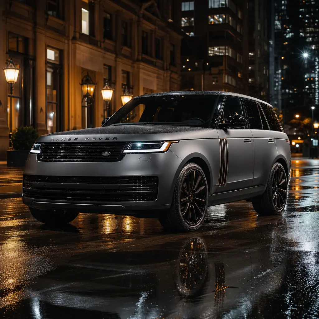 A matte-grey luxury SUV photographed from a low three-quarter front angle on a rain-slicked urban street at night, amber