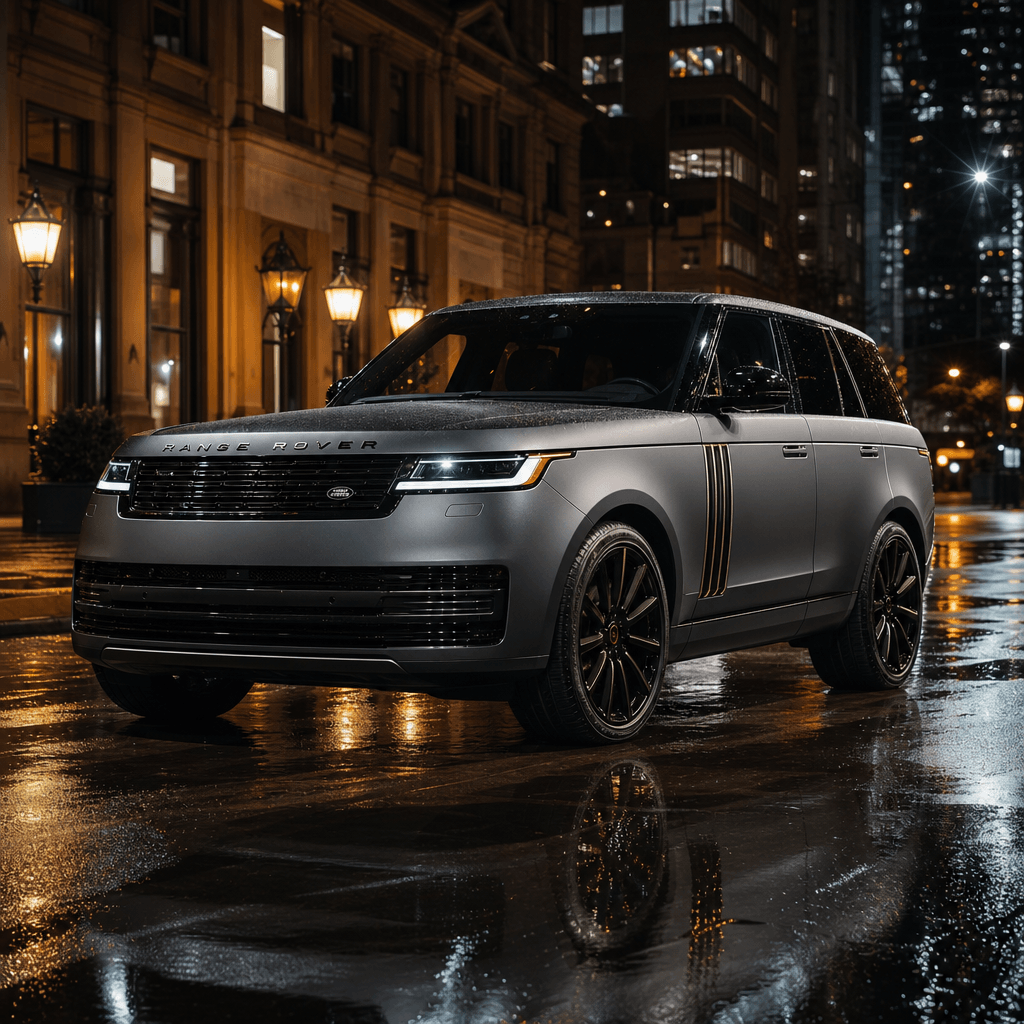 A matte-grey luxury SUV photographed from a low three-quarter front angle on a rain-slicked urban street at night, amber