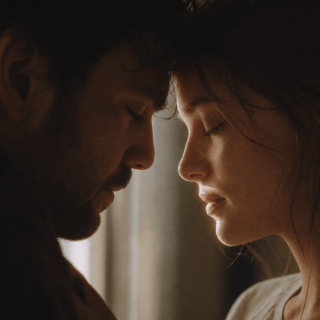 Close-up couple portrait — two people in soft profile, foreheads nearly touching, warm diffused window light falling acr