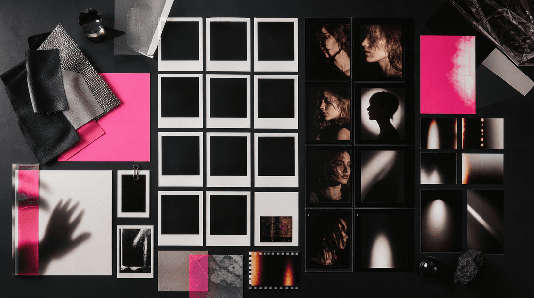 A carefully arranged editorial contact sheet made from blank photographic frames, fabric swatches, light leaks, and port