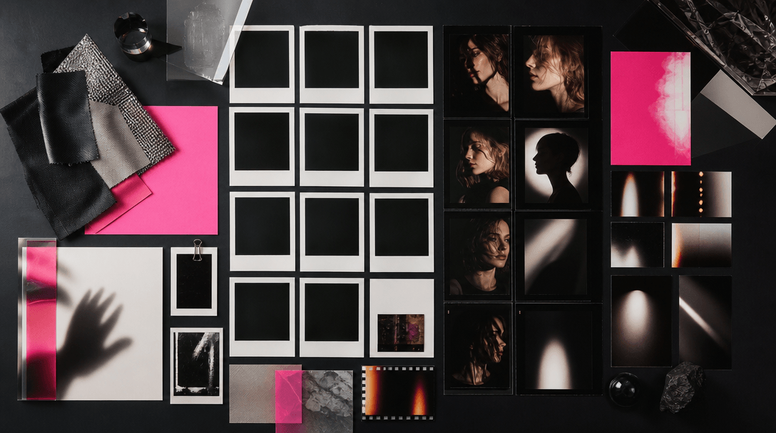 A carefully arranged editorial contact sheet made from blank photographic frames, fabric swatches, light leaks, and port