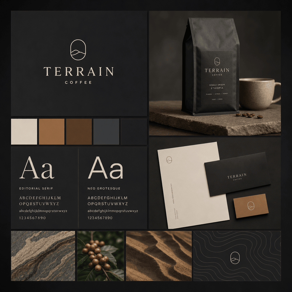 One-page brand kit layout for a minimalist specialty coffee brand. Deep charcoal editorial background. Clean wordmark lo