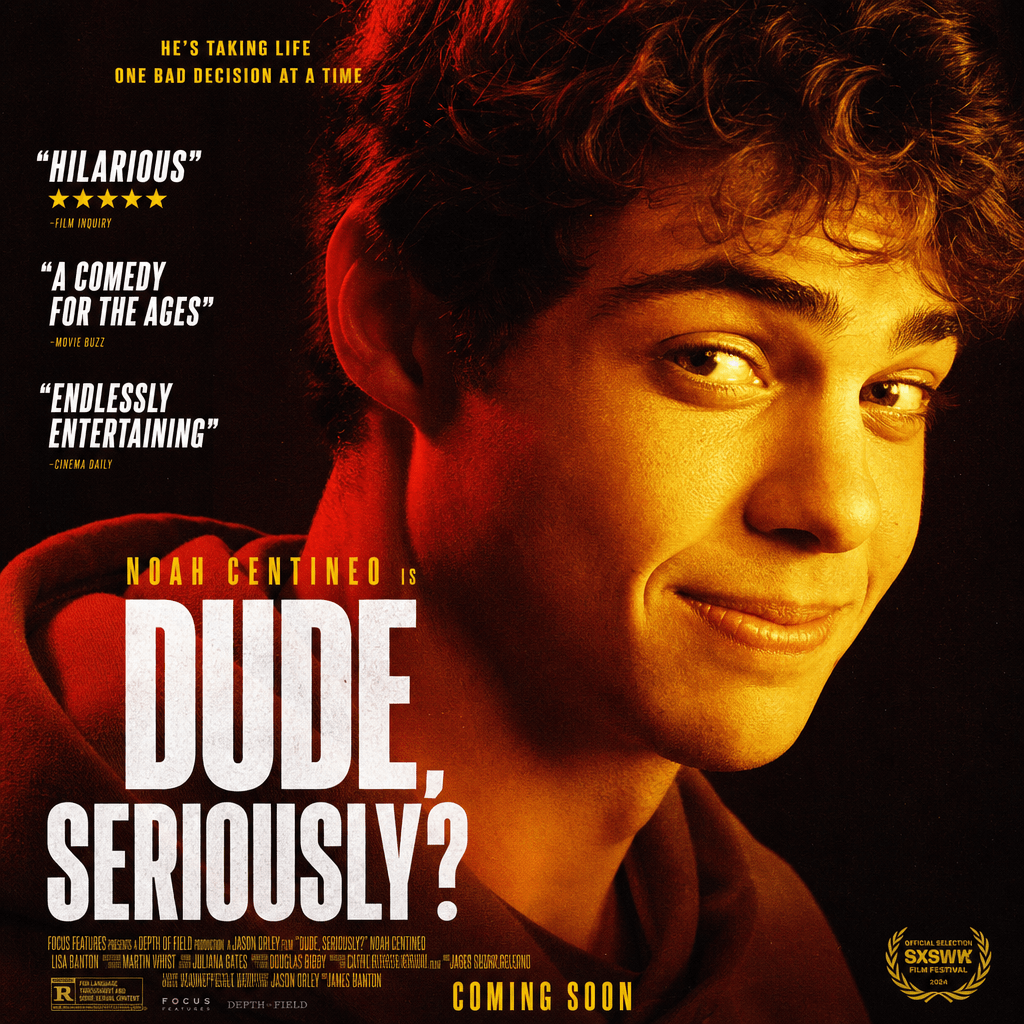 Comedy movie poster of a young person's face. Dramatic red and yellow color grading, bold white typography, film grain t
