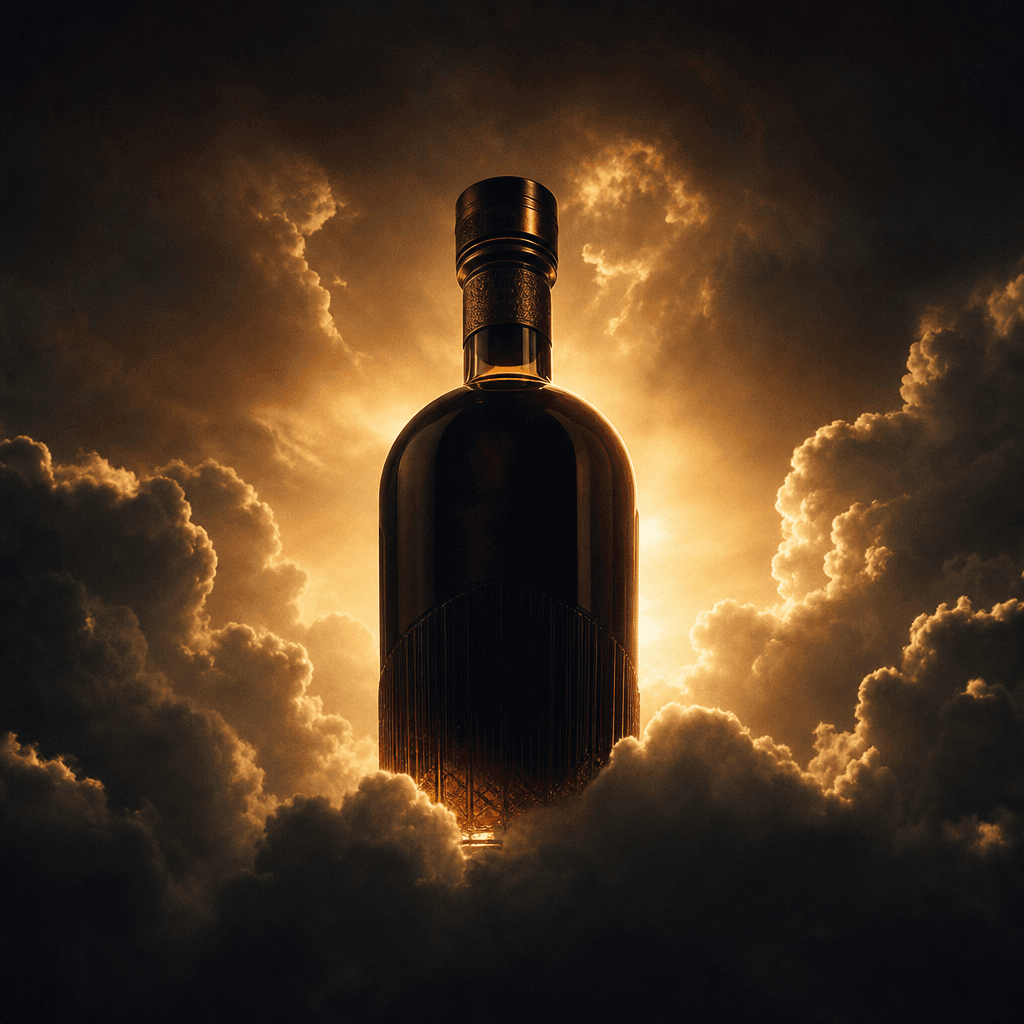 Aspirational product reveal: a dark glass premium whisky bottle rising through a dramatic gap in stormlit clouds, golden