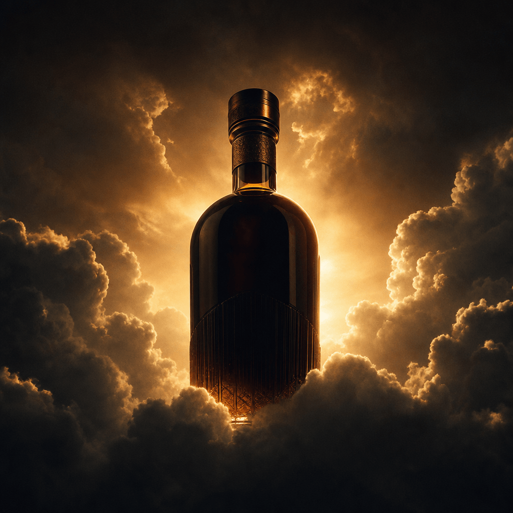 Aspirational product reveal: a dark glass premium whisky bottle rising through a dramatic gap in stormlit clouds, golden