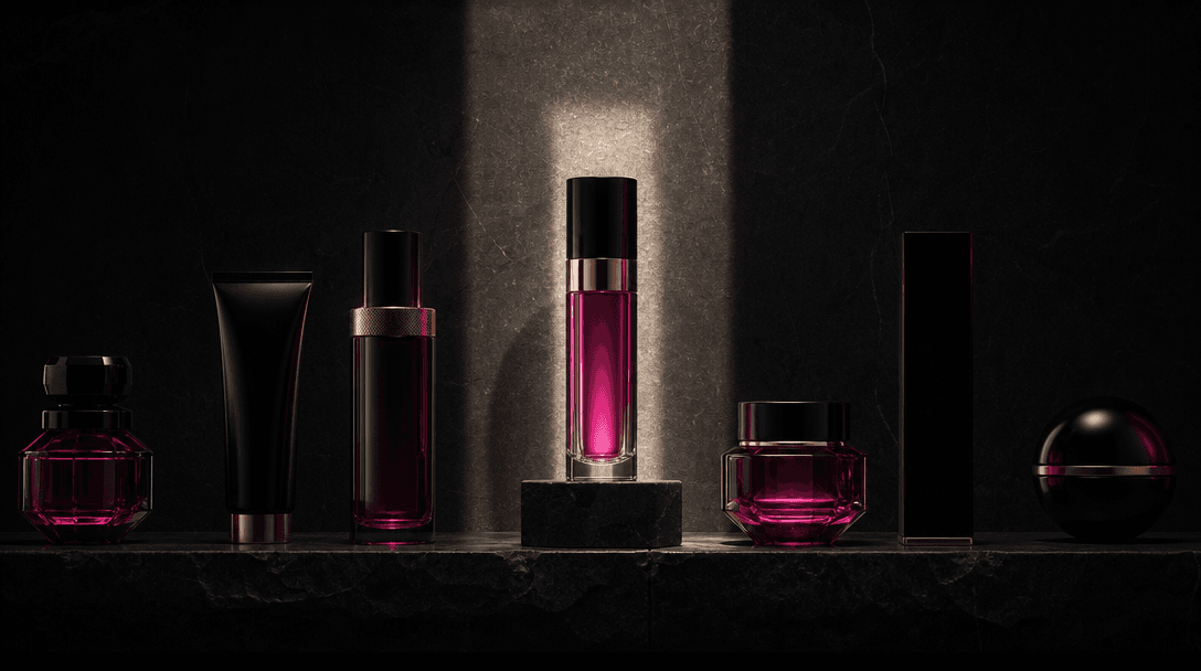 A row of luxury cosmetic containers staged like architectural objects on black stone, one hero product illuminated by a