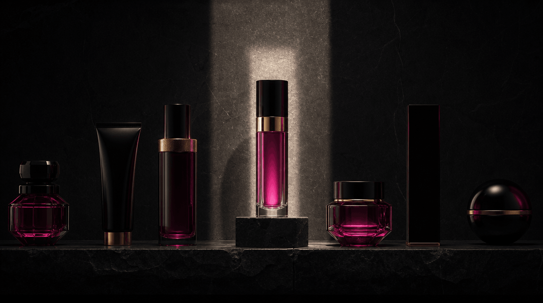 A row of luxury cosmetic containers staged like architectural objects on black stone, one hero product illuminated by a