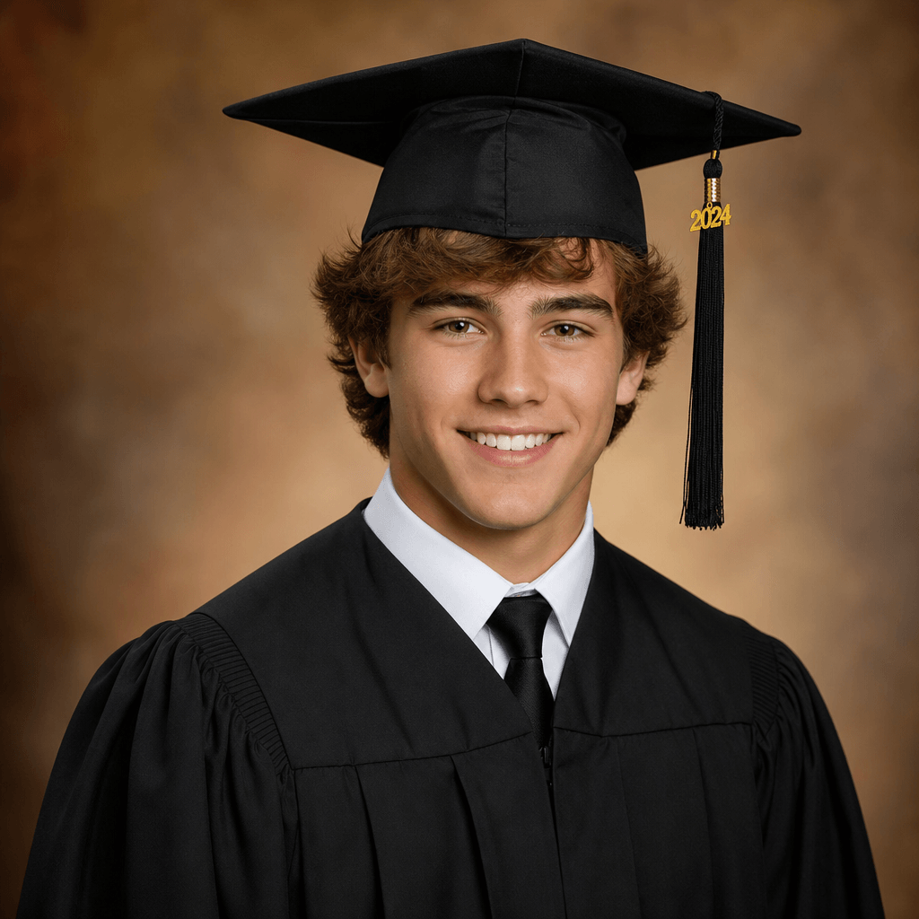 Graduation portrait of young person in full cap and gown, professional formal attire, warm studio lighting, soft backgro