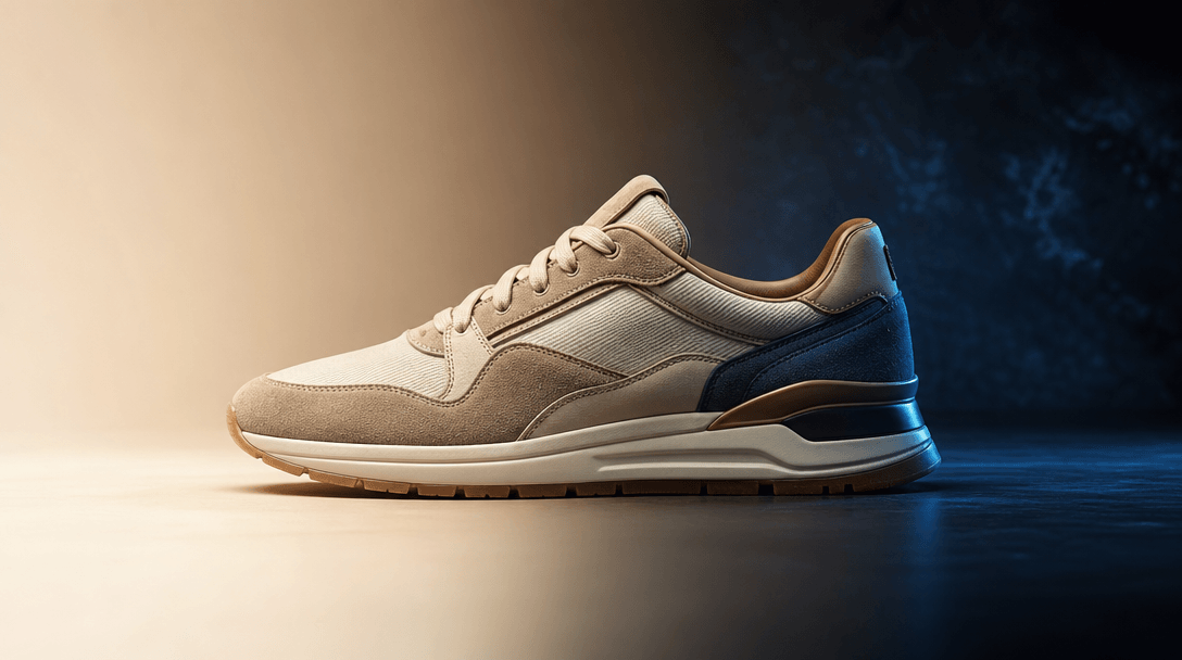Studio product transformation scene: same premium sneaker positioned across a gradient surface transitioning from soft n
