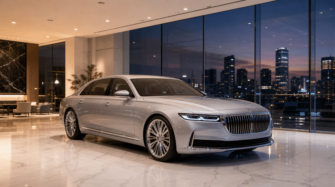 A silver luxury sedan displayed inside an upscale glass-walled showroom at dusk, soft warm ambient light from overhead r