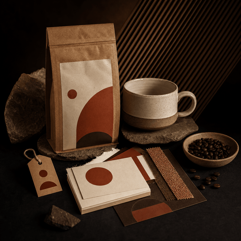 An artisan coffee brand kit arranged with kraft packaging, a ceramic cup, deep rust and cream palette cards, tactile pap
