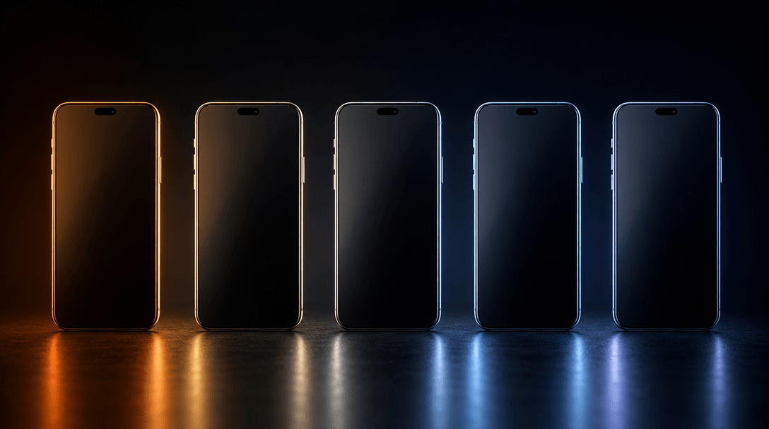 Wide studio abstract scene. A row of five identical sleek smartphone forms on a dark reflective surface, each illuminate