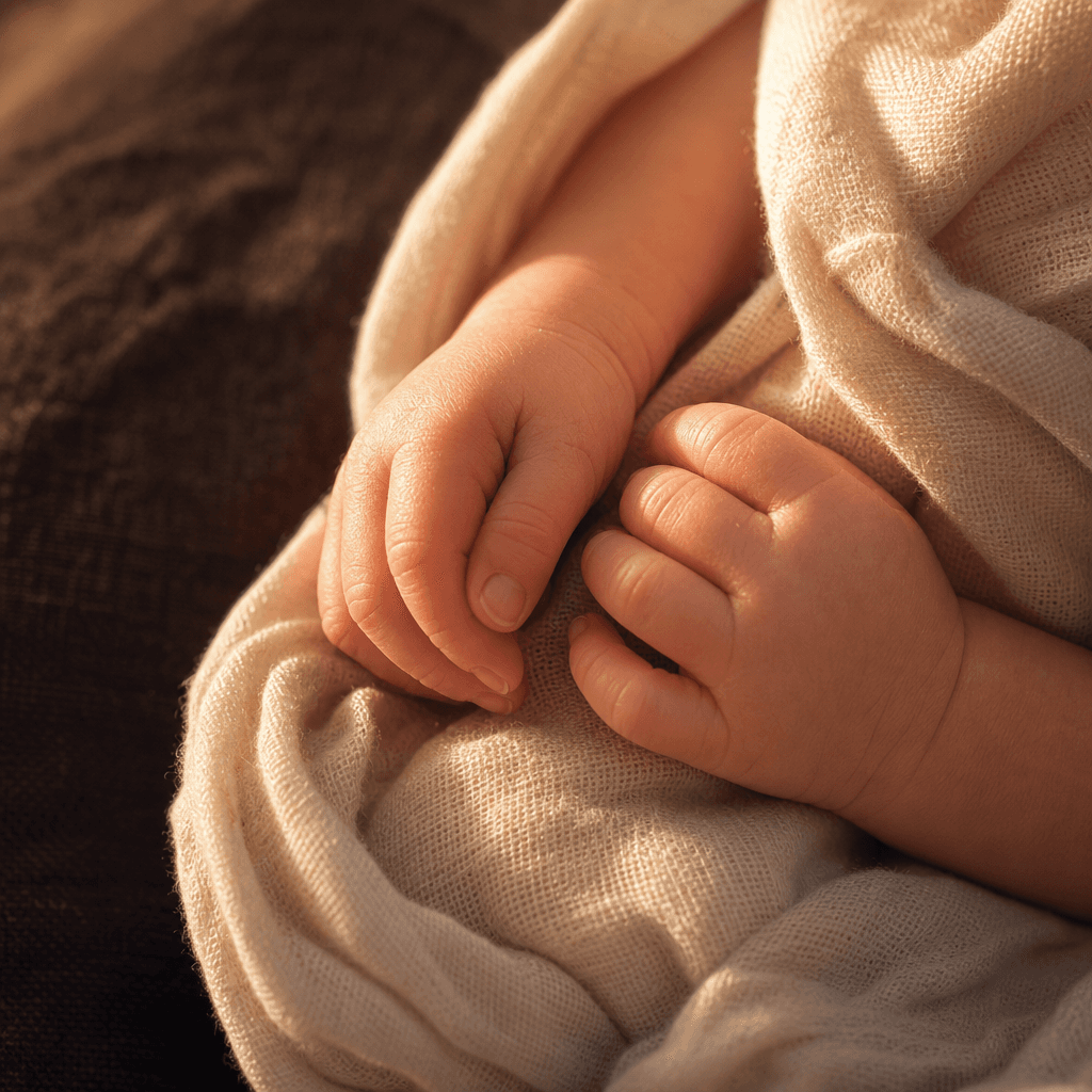 Close-up of a newborn baby's tiny curled hands resting on organic cream cotton fabric, warm golden-hour side lighting, s