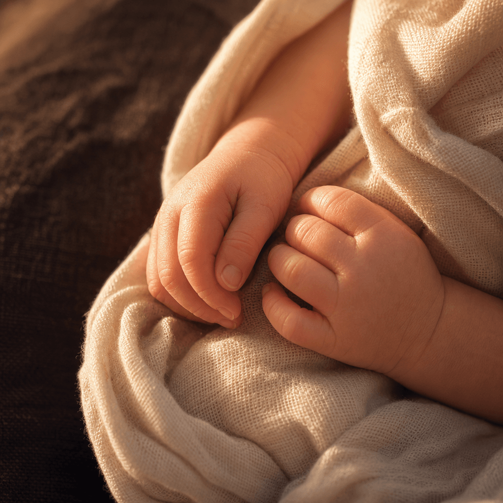 Close-up of a newborn baby's tiny curled hands resting on organic cream cotton fabric, warm golden-hour side lighting, s