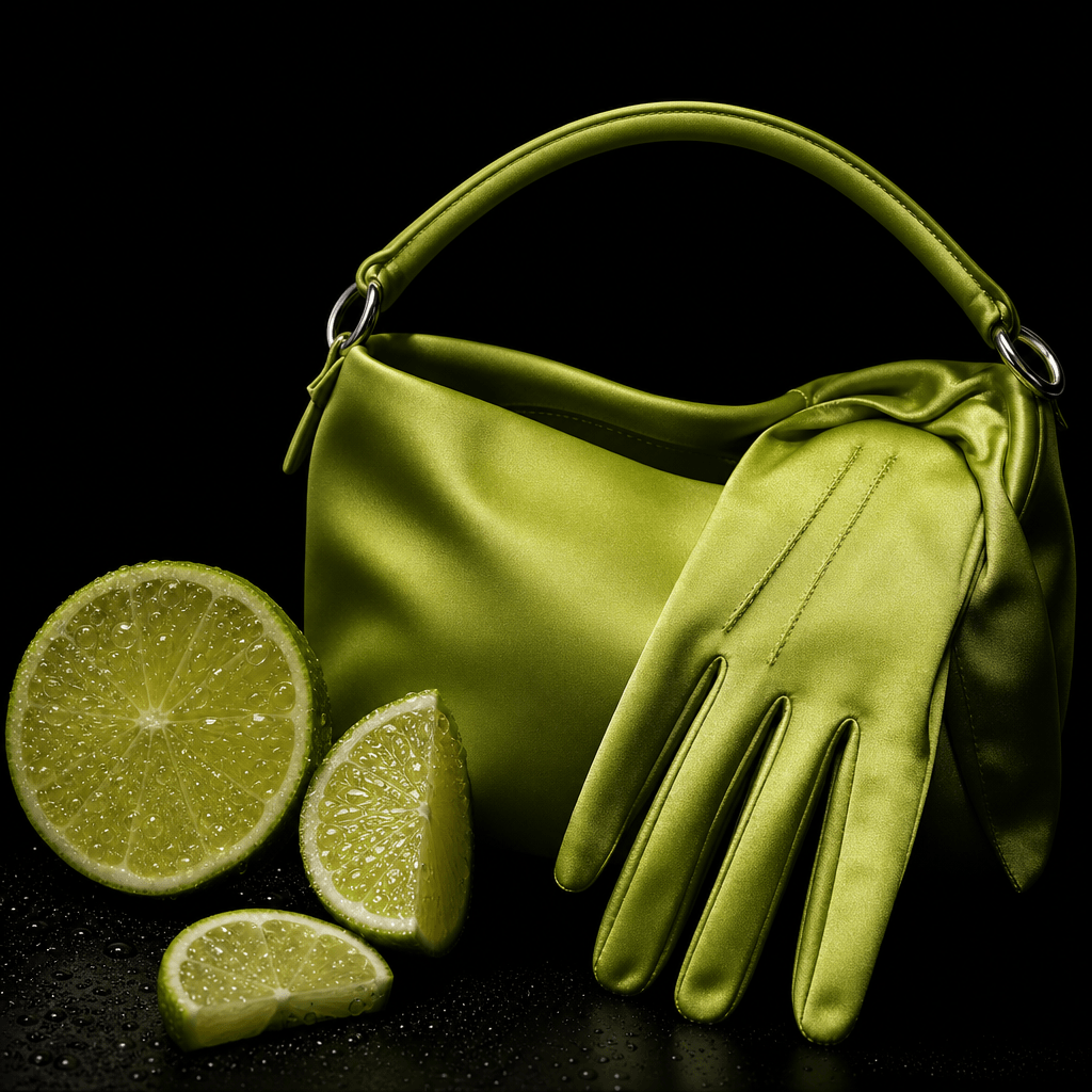Square high-fashion composition pairing a lime-green satin handbag and matching gloves with translucent lime slices cove