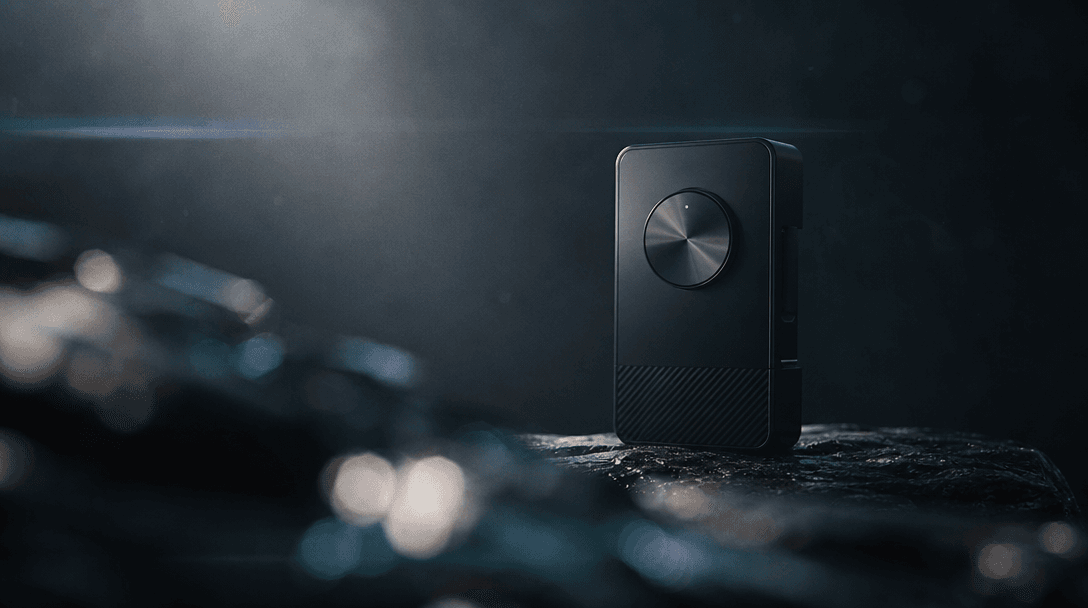 Cinema prime lens view of a product in subtle motion — smooth rack-focus pull from bokeh foreground to a sharp product h