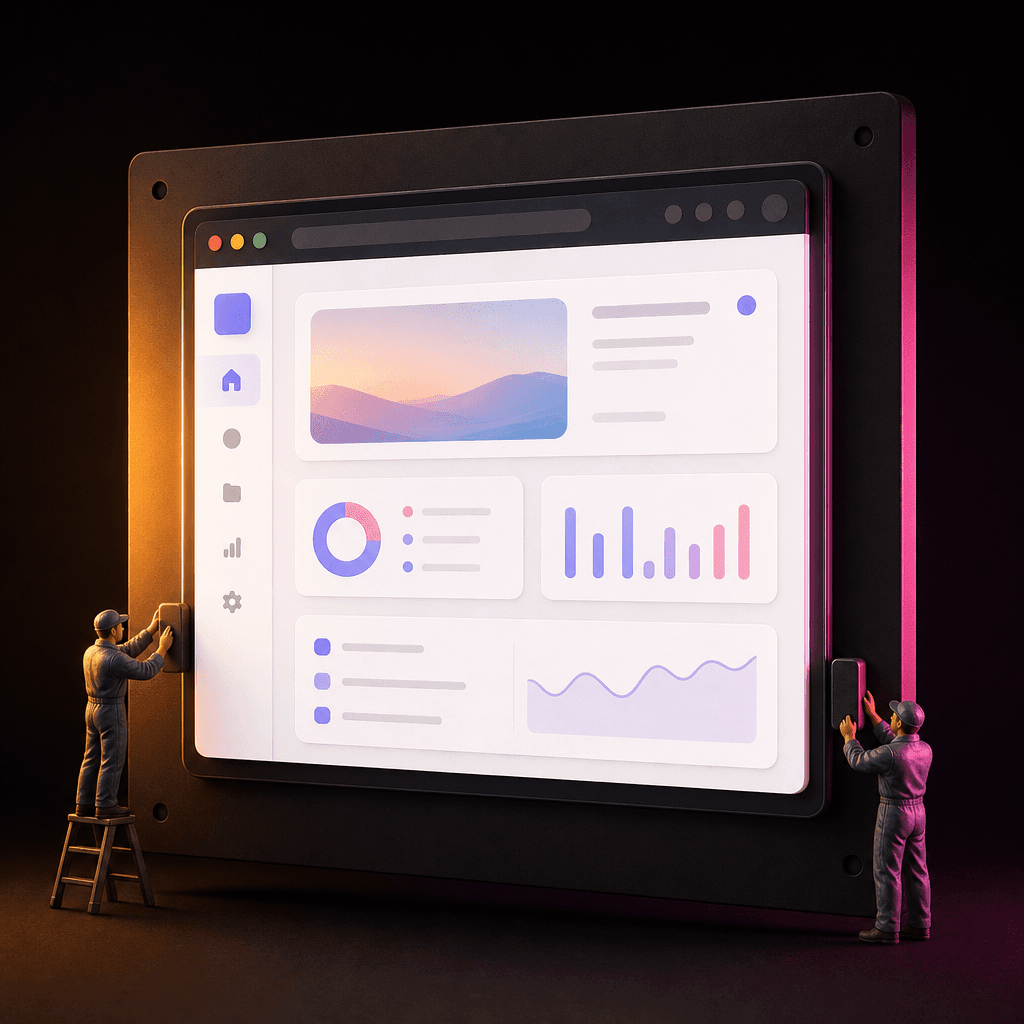 Square editorial product shot. A desktop browser window screenshot glowing against a pitch-dark background, displayed on