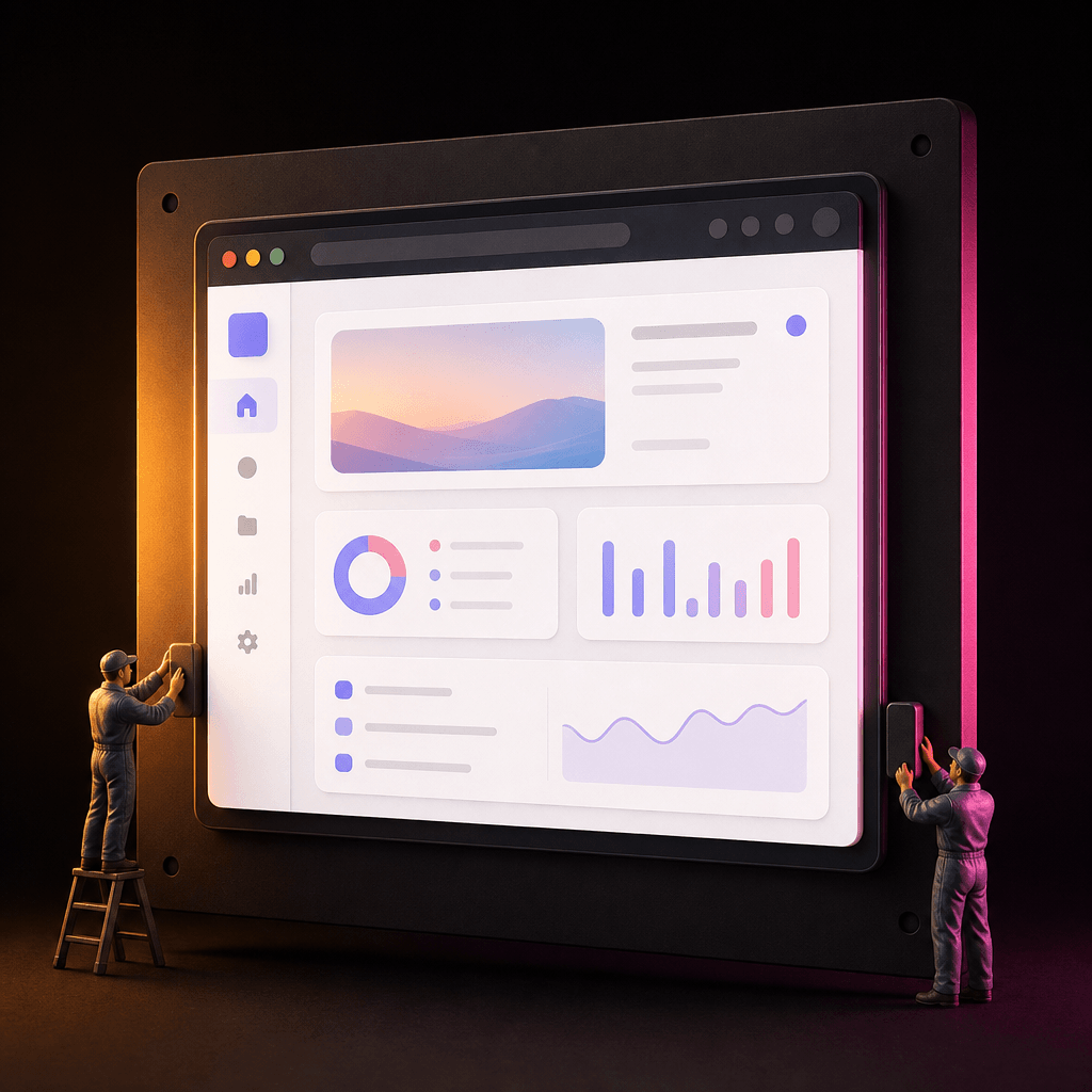 Square editorial product shot. A desktop browser window screenshot glowing against a pitch-dark background, displayed on