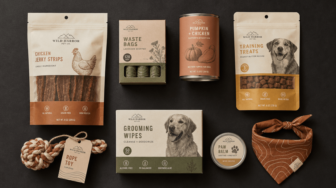 Editorial overhead flat-lay of several pet product packages in varied sizes arranged in a loose grid on dark textured pa