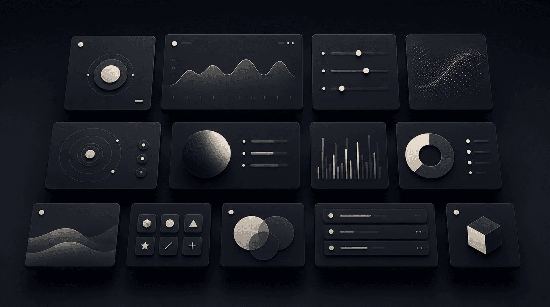 An organized grid of dark floating UI card shapes arranged in three rows at subtly varying depths, editorial overhead li